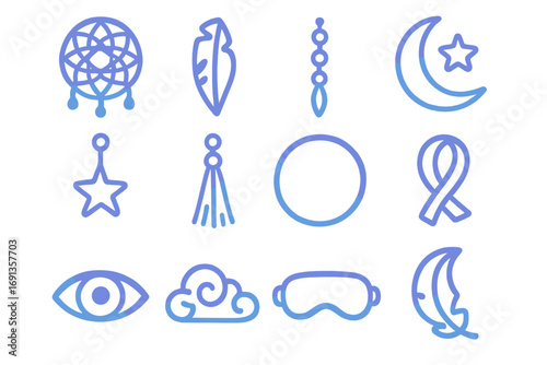 Dreamcatcher Icon Set. Gradient icons set of dreamcatcher and intuition symbols: dreamcatcher web, feather pendant, bead accents,