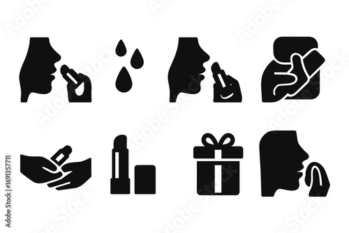 Lip Balm Icon Set. Solid, filled icon set of lip balm usage: applying, moisturizing, reapplying, carrying, sharing, storing,
