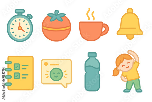 Time Tools for Kids. Flat vector mini-illustrations Time tracking and breaks in colors children's