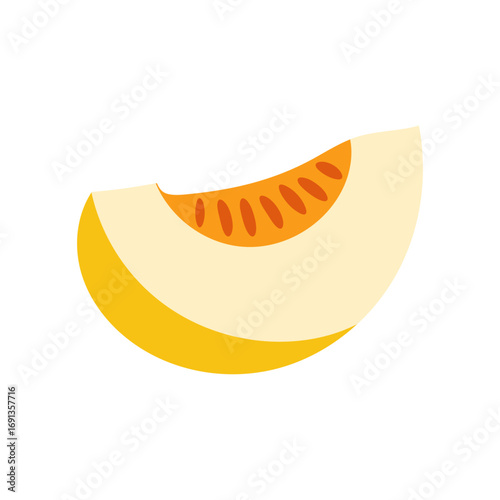 Slice of yellow melon fruit illustration with seeds and flesh isolated on white background in flat cartoon vector style