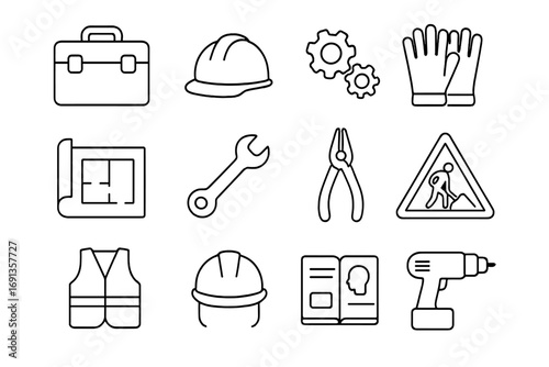 Vocational Training Icons. Outline icon set of vocational training: toolbox, safety helmet, gears, work gloves