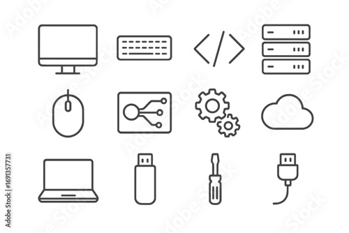 Technical Training Icons. Outline icon set of technical training: computer, keyboard, code brackets, server,