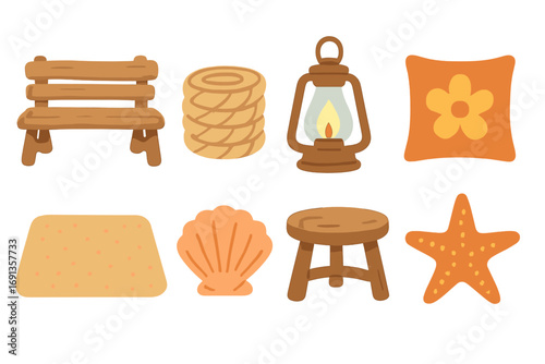 Driftwood Seating Icons. Flat vector mini-illustrations Driftwood seating area in colors children's illustrations: driftwood bench