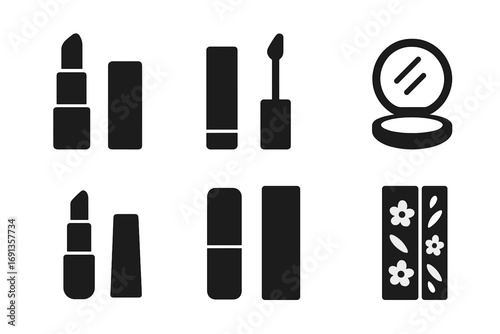 Lipstick Icon Set. Solid, filled icon set of lipstick packaging: lipstick tube, cap, applicator wand, mirror compact, refill