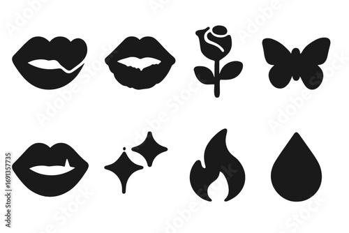 Lips Icon Grid. Solid, filled icon set of lips symbols: heart, kiss mark, rose, butterfly, star, sparkle, flame, drop. Solid,