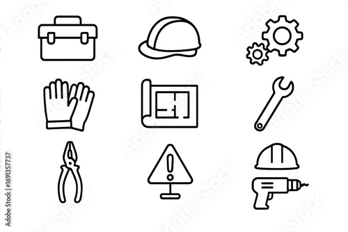 Vocational Training Icons. Outline icon set of vocational training: toolbox, safety helmet, gears, work gloves