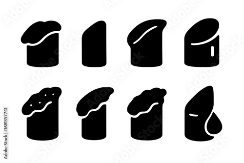 Lipstick Texture Icons. Solid, filled icon set of lipstick textures: creamy, matte, glossy, satin, metallic, sheer, velvet, liquid