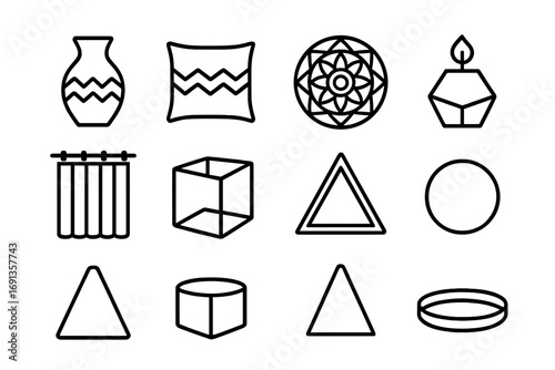 Geometric Decor Icons. Outline icon set of geometric decor accessories: vase with pattern, cushion with zigzag