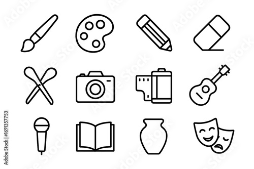 Creative Skills Icons. Outline icon set of creative skills workshops: paintbrush, palette, pencil, eraser,