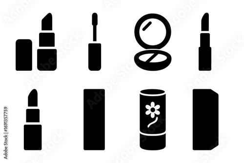 Lipstick Icon Set. Solid, filled icon set of lipstick packaging: lipstick tube, cap, applicator wand, mirror compact, refill
