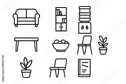 Office Lounge Icons. Outline icon set of office lounge: sofa, coffee table, bookshelf, water cooler, potted