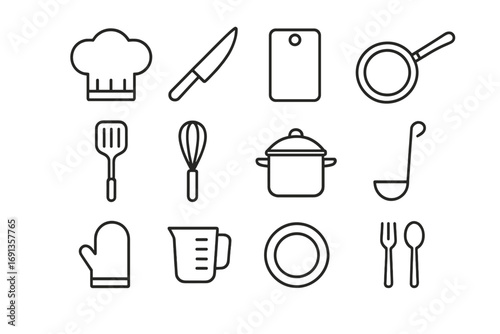 Culinary Icon Set. Outline icon set of culinary training: chef hat, knife, cutting board, pan, spatula, whisk,