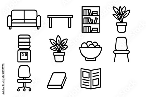Office Lounge Icons. Outline icon set of office lounge: sofa, coffee table, bookshelf, water cooler, potted