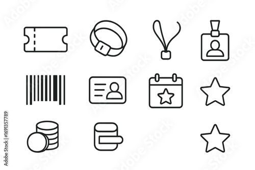 Festival Ticket Icons. Outline icon set of festival tickets and passes: entry ticket, wristband, barcode,