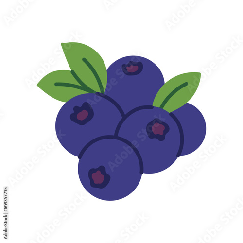 Bunch of fresh blueberries with green leaves illustration isolated on white background in flat cartoon vector style