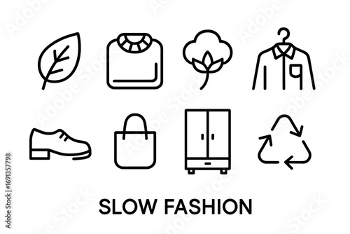 Slow Fashion Icons. Outline icon set of slow fashion lifestyle: eco leaf, folded sweater, cotton plant, shirt