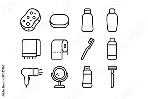 Bathroom Essentials Grid. Outline icon set of bathroom essentials: sponge, soap bar, shampoo, conditioner,