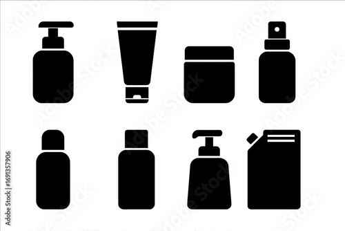 Lotion Packaging Icons. Solid, filled icon set of lotion packaging: pump bottle, squeeze tube, jar, spray bottle, travel size,