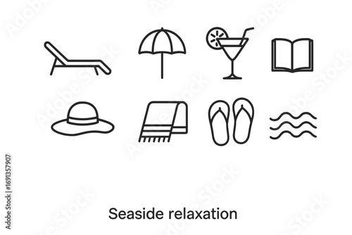Seaside Icon Set. Outline icon set of seaside relaxation: lounge chair, umbrella, cocktail, book, hat, towel,