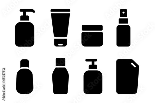 Lotion Packaging Icons. Solid, filled icon set of lotion packaging: pump bottle, squeeze tube, jar, spray bottle, travel size,