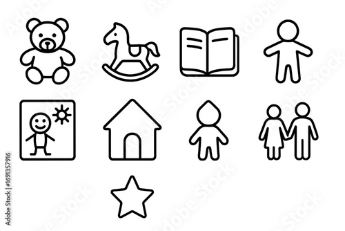 Childhood Story Icons. Outline icon set of childhood stories in biographies: teddy bear, rocking horse,