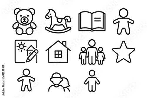 Childhood Story Icons. Outline icon set of childhood stories in biographies: teddy bear, rocking horse,
