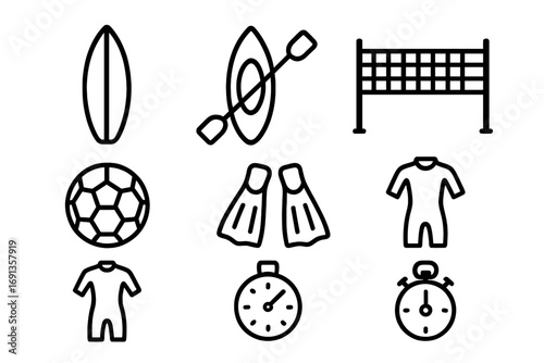 Beach Sports Icons. Outline icon set of beach sports: surfboard, kayak, paddle, volleyball net, soccer ball,