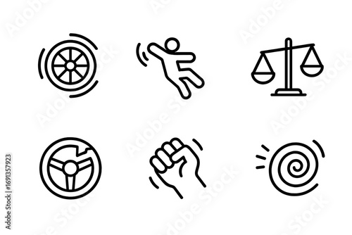 Losing Control Icons. Outline icon set of losing control: spinning wheel, falling figure, slipping hand, unbalanced scale, broken