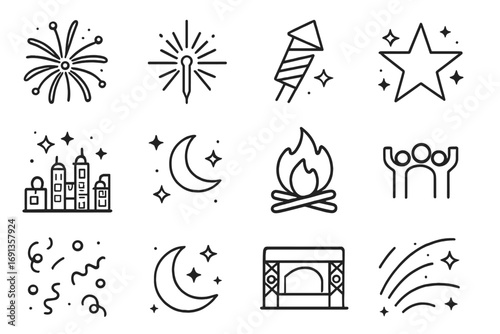 Fireworks Icon Set. Outline icon set of May fireworks display: fireworks burst, sparkler, rocket firework,