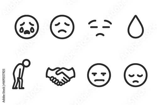 Losing Emotions Icons. Outline icon set of losing emotions: crying face, disappointed face, tired eyes, sweat drop, slumped