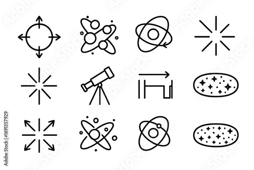 Expanding Universe Icons. Outline icon set of the expanding universe: arrowed sphere, galaxy clusters, orbit