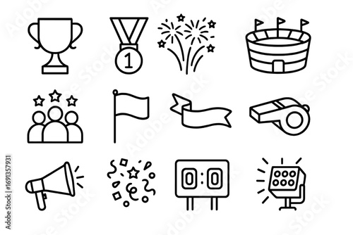 Sports Victory Icons. Outline icon set of sports victory fireworks: trophy, medal, fireworks, stadium, crowd,