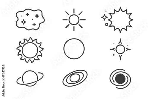 Stellar Evolution Icons. Outline icon set of stellar evolution: nebula cloud, newborn star, main sequence star