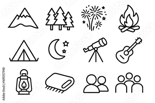 Mountain Festival Icons. Outline icon set of mountain fireworks: mountain peak, forest, fireworks, bonfire,