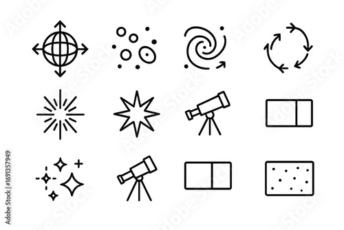 Expanding Universe Icons. Outline icon set of the expanding universe: arrowed sphere, galaxy clusters, orbit
