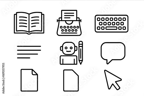 AI Writing Tools Icons. Outline icon set of AI writing tools: open book, typewriter, keyboard, text lines,