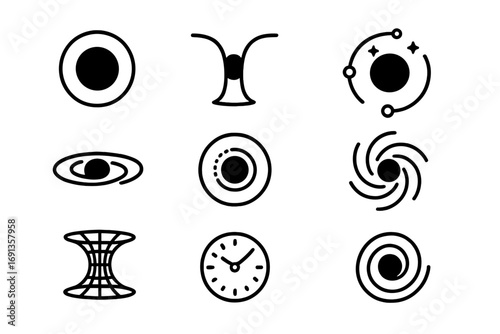 Cosmic Black Holes Icons. Outline icon set of black holes in cosmic theory: event horizon, gravity well,
