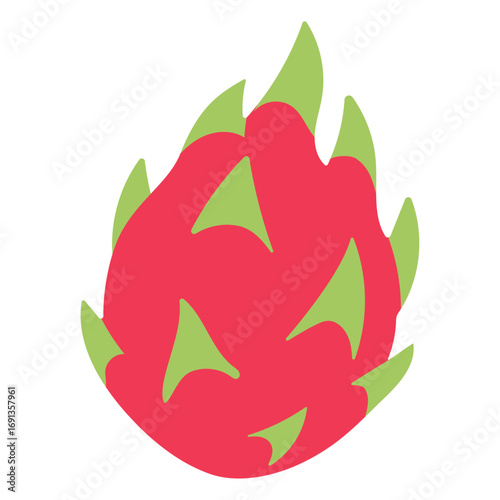 Bright pink dragon fruit illustration with green scales isolated on white background in minimal flat cartoon tropical style