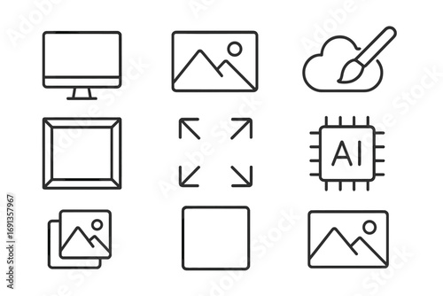 Icon Grid Compilation. Outline icon set of generative text-to-image: monitor, landscape icon, cloud upload,