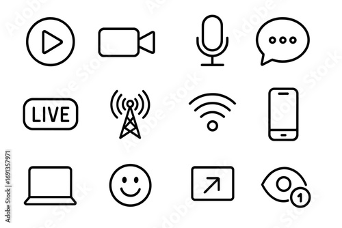 Live Streaming Icons. Outline icon set of live streaming integration: play button, video camera, microphone,