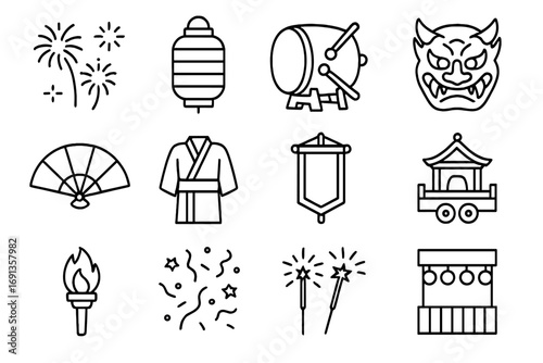 Cultural Fireworks Icon Set. Outline icon set of cultural fireworks festival: fireworks, lantern, drum, mask,