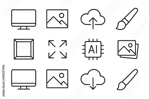 Icon Grid Compilation. Outline icon set of generative text-to-image: monitor, landscape icon, cloud upload,