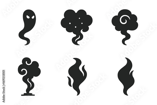 Magical Smoke Icons. Solid, filled icon set of magical smoke forms: smoke spirit, enchanted puff, cursed mist, illusion cloud,