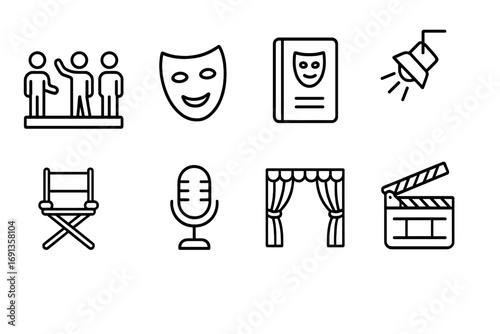 Theater Icon Set. Outline icon set of a group of actors rehearsing a scene in a theater: stage, actor mask,