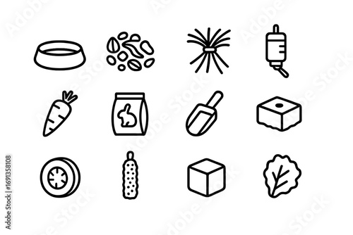 Small Pet Feeding Icons. Outline icon set of small pets feeding: hamster bowl, seed mix, hay bundle, water