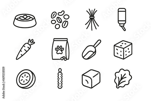 Small Pet Feeding Icons. Outline icon set of small pets feeding: hamster bowl, seed mix, hay bundle, water