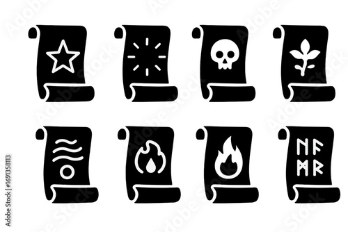 Magical Scroll Icons. Solid, filled icon set of magical scrolls: spell scroll, glowing scroll, cursed scroll, enchanted scroll,