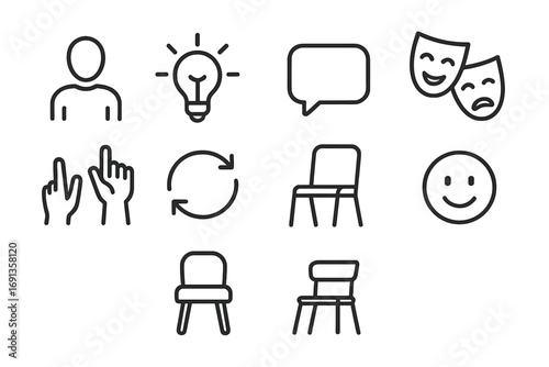 Improvisation Icon Set. Outline icon set of improvisation sessions: actor icon, light bulb, speech bubble,