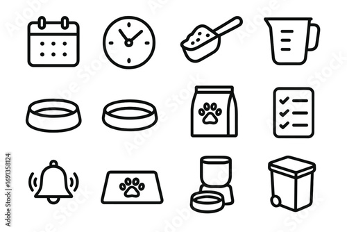 Feeding Routine Icons. Outline icon set of feeding routine: calendar, clock, scoop, measuring cup, bowl, water