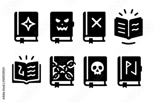Magical Tome Icons. Solid, filled icon set of magical ancient tomes: spellbook, grimoire, forbidden text, floating book, glowing